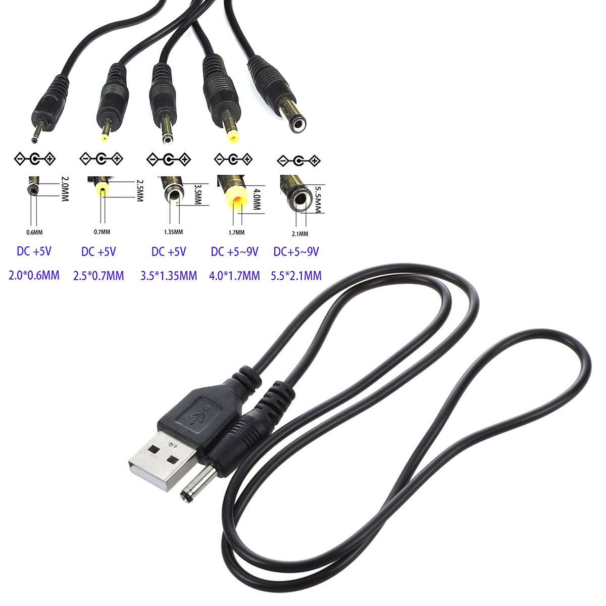 Кабель USB 2.0 AM (папа) - штекер 3.5 х 1.35 мм (3.5*1.35), длина 1 метр, цвет черный