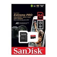 Карта памяти MicroSDXC 64GB SANDISK Extreme Pro Class 10 A2 UHS-I (U3), 200 МБ/сек, цвет черно красный