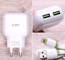 СЗУ EMY MY-220 DC 5V - 2.4A (12W) 2xUSB цвет белый + кабель Apple lightning 8 pin 1 метр TIGER.