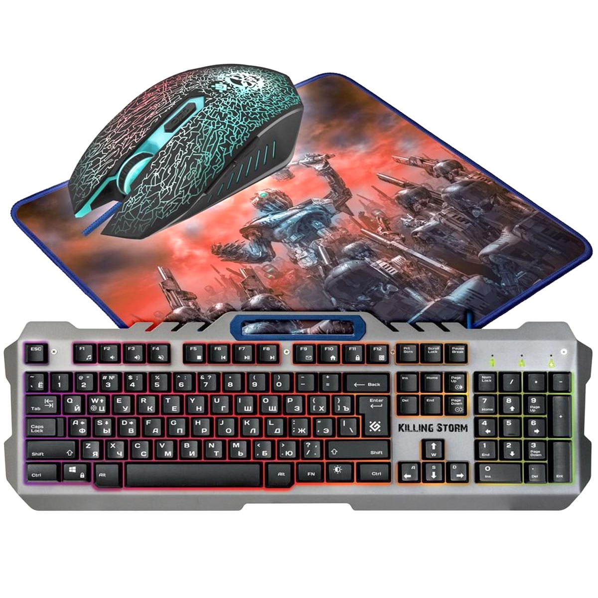 Игровой набор мышь, клавиатура, ковер Defender Killing Storm MKP-013L RU, с подсветкой Игровой набор мышь, клавиатура, ковер Defender Killing Storm MKP-013L RU, с подсветкой