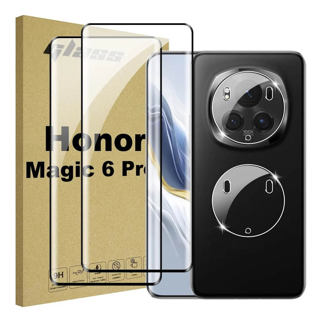 Защитное стекло (2 в 1) дисплея, камеры, для Honor Magic 6 Pro, цвет окантовки черный Защитное стекло (2 в 1) дисплея, камеры, для Honor Magic 6 Pro, цвет окантовки черный