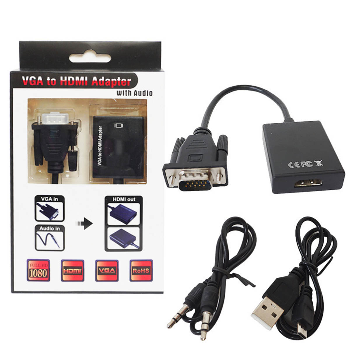Адаптер, переходник VGA на HDMI, 1080P, длина 20 см, цвет черный
