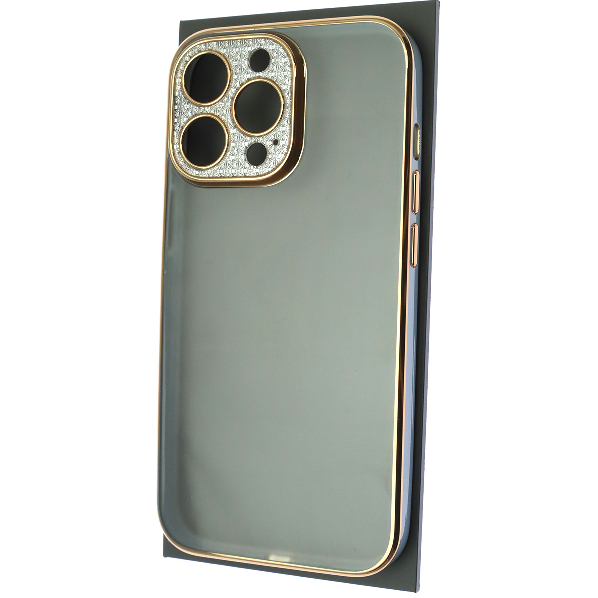 Чехол накладка для APPLE iPhone 13 Pro (6.1), силикон, пластик, стразы, защита камеры, цвет окантовки золотисто голубой