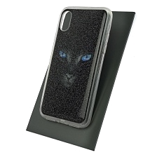 Чехол накладка для APPLE iPhone X, силикон, блестки, рисунок Чёрная кошка.