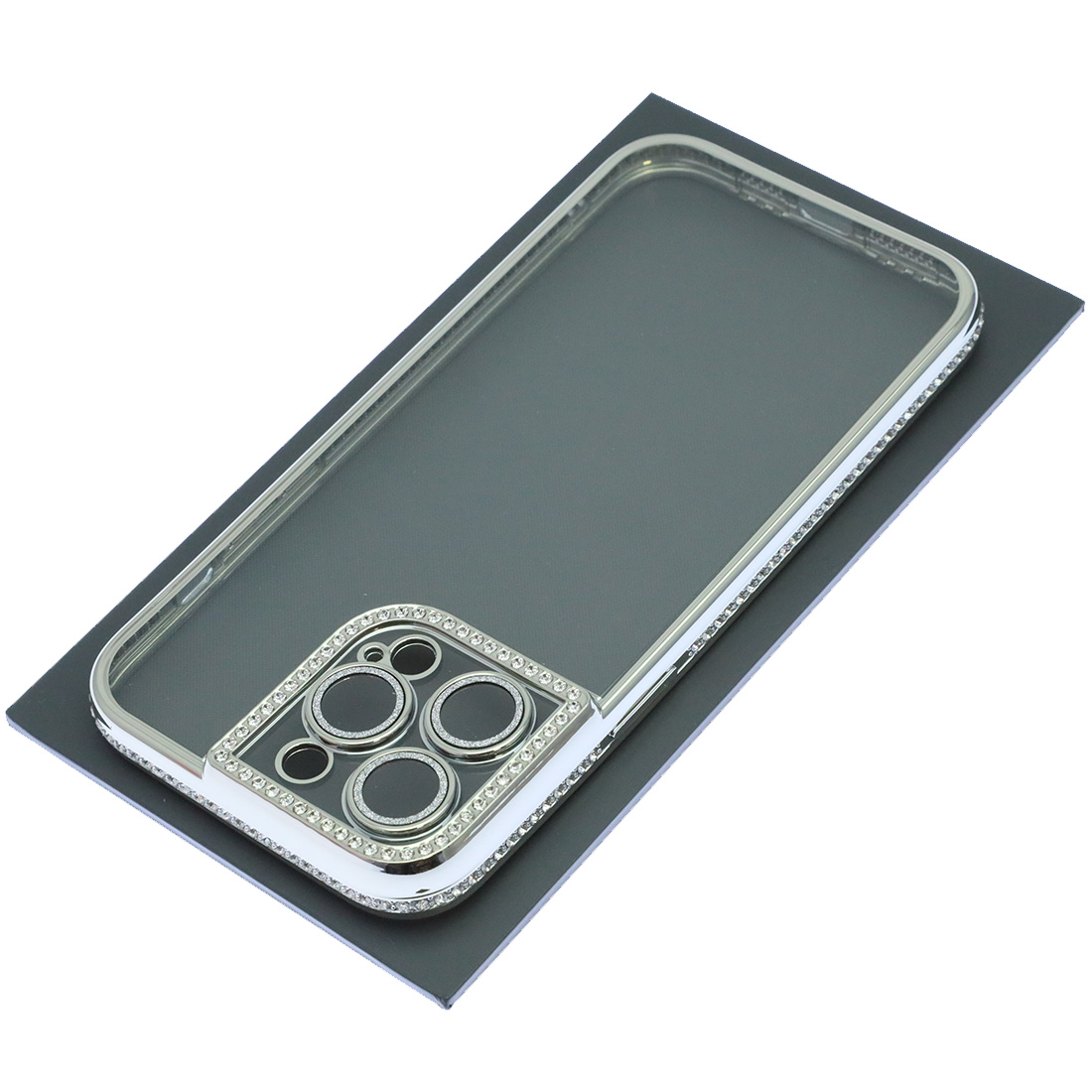 Чехол накладка для APPLE iPhone 14 Pro Max, силикон, защита камеры, стразы, цвет окантовки серебристый