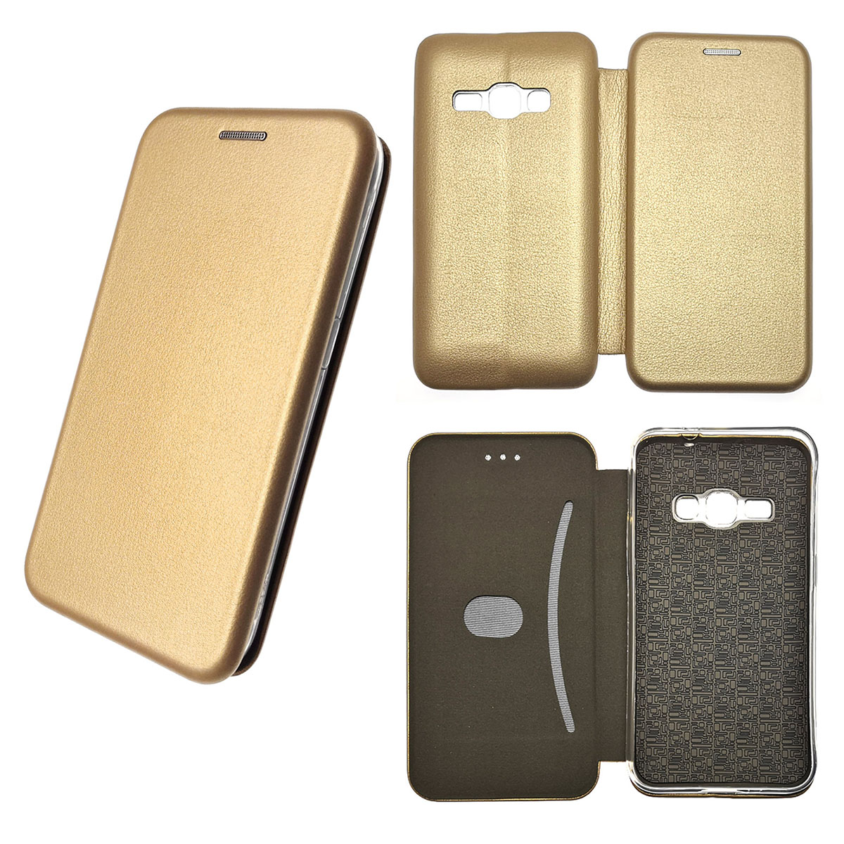 Чехол книжка STYLISH для SAMSUNG Galaxy J1 2016 (SM-J120), экокожа, визитница, цвет золотистый.