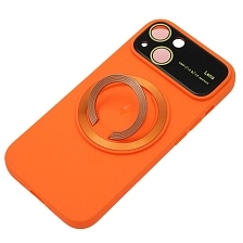 Чехол накладка с поддержкой MagSafe для APPLE iPhone 15, силикон, защита камеры, подставка, цвет оранжевый