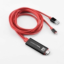 HOCO UA4 Apple lightning HDMI кабель-адаптер 2 метра 1080p выход 5V / 1A для вывода видео и аудио сигнала с устройств Apple с Lightning-разъемом, и питанием от USB-A, цвет красно-чёрный.