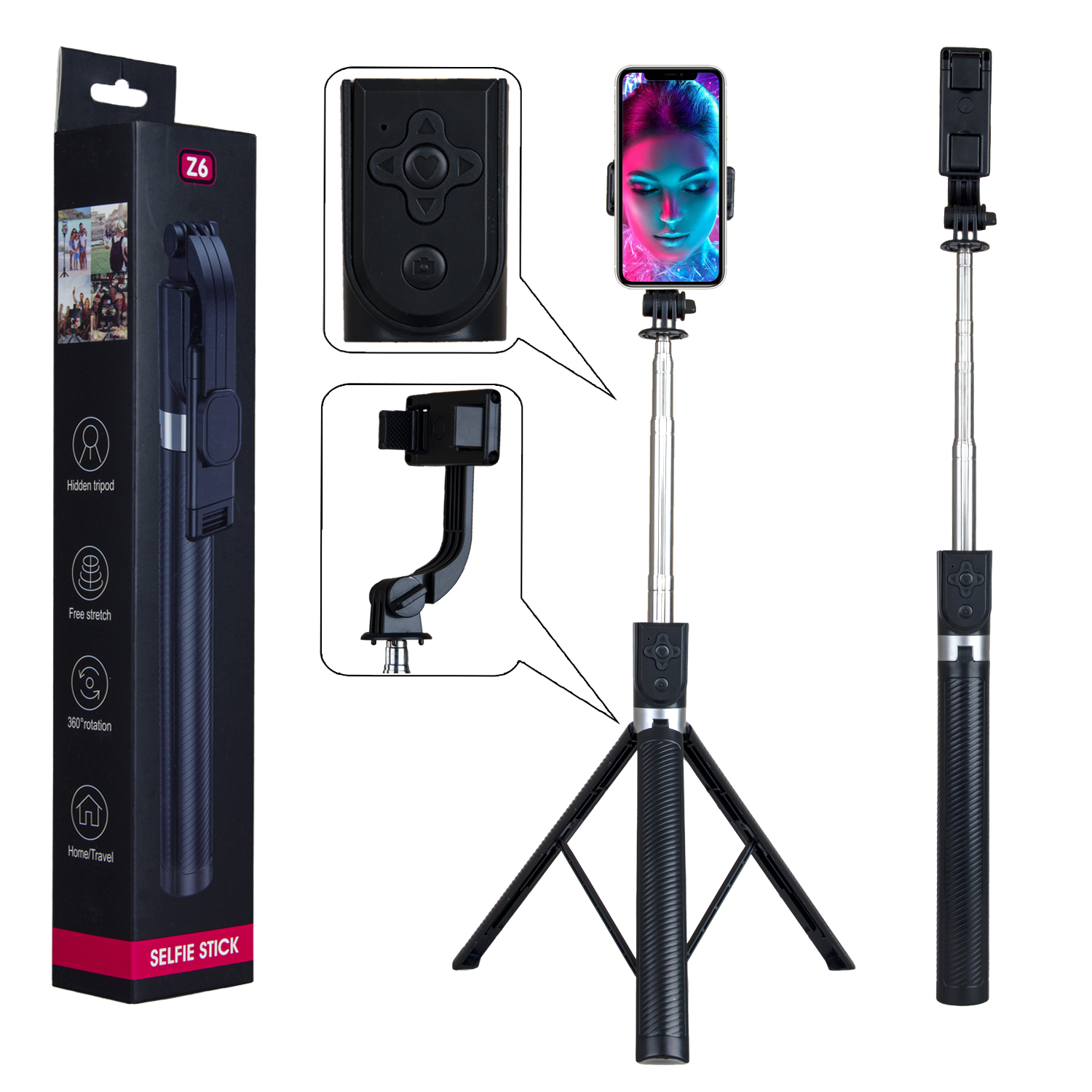 Держатель телескопический, монопод, селфи палка Selfie Stick Z6, Bluetooth, длина 1.7 м, цвет черный