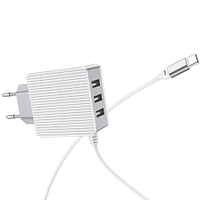 СЗУ (Сетевое зарядное устройство) BOROFONE BA42A Joyful theree-port со встроенным кабелем USB Type C, 3.1A, 3 USB, длина 1 метр, цвет белый