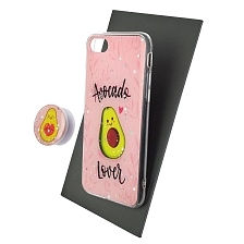 Чехол накладка для APPLE iPhone 7, iPhone 8, iPhone SE 2020, силикон, фактурный глянец, с поп сокетом, рисунок Avocado