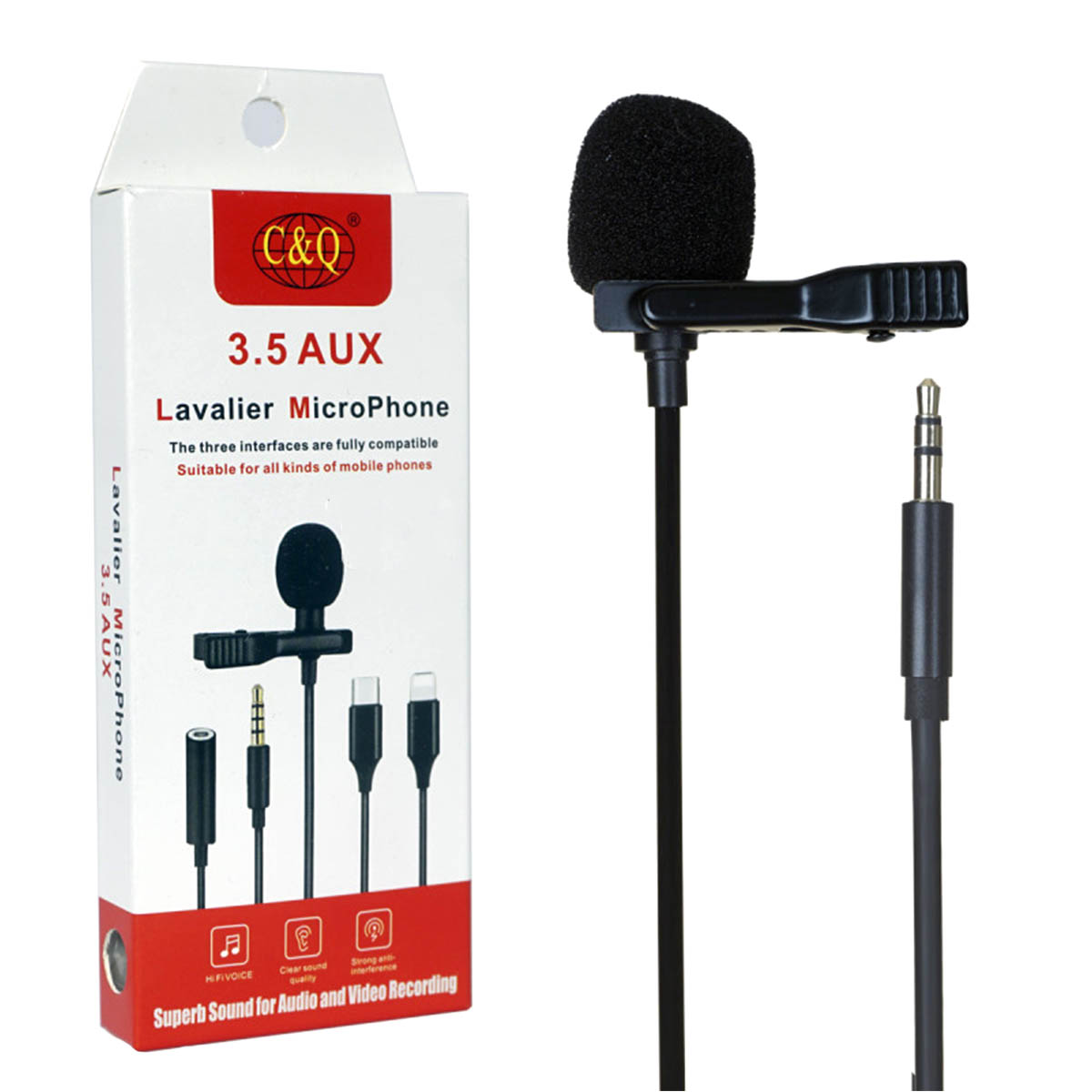 Всенаправленный петличный (на прищепке) микрофон C&Q CQ021, с разъемом 3.5 jack, длина 1.5 метра, цвет черный