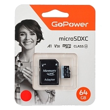 Карта памяти MicroSDXC 64GB GoPower V30 Class 10, 70 МБ/сек, с адаптером, цвет черный