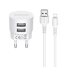 BOROFONE BA23A Brilliant, сетевое зарядное устройство с двумя USB портами и с кабелем USB Type C, цвет белый