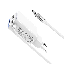 BOROFONE BA35A Brilliant, сетевое зарядное устройство с двумя USB портами, встроенный кабель Type-C, ток 2.1A, цвет белый.