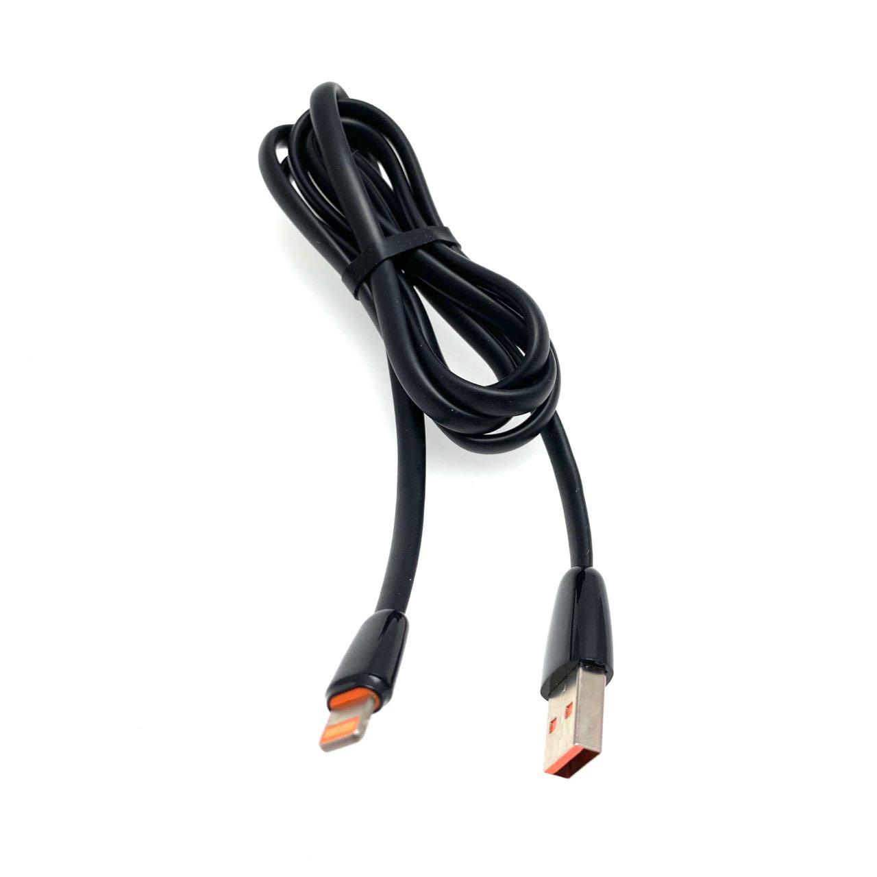 USB Дата-кабель "G01" APPLE Lightning 8-pin силиконовый эластичный, морозоустойчивый, длина 1 метр, плоский чёрного цвета, оранжевые контакты.