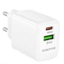 СЗУ (Сетевое зарядное устройство) BOROFONE BN29 Fuente, GaN, 1 USB Type C, 1 USB A, PD30W, 18W USB A, цвет белый
