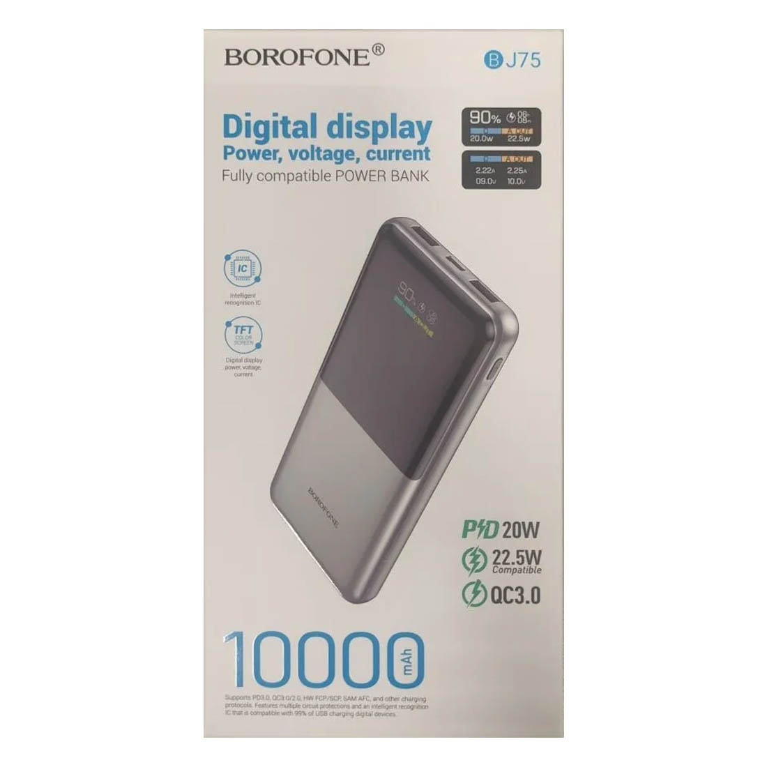 Внешний портативный аккумулятор, Power Bank BOROFONE BJ75 Foinse, 10000 mAh, 22.5W, PD20W, QC3.0, Led дисплей, цвет серебристый (распродажа -30%)