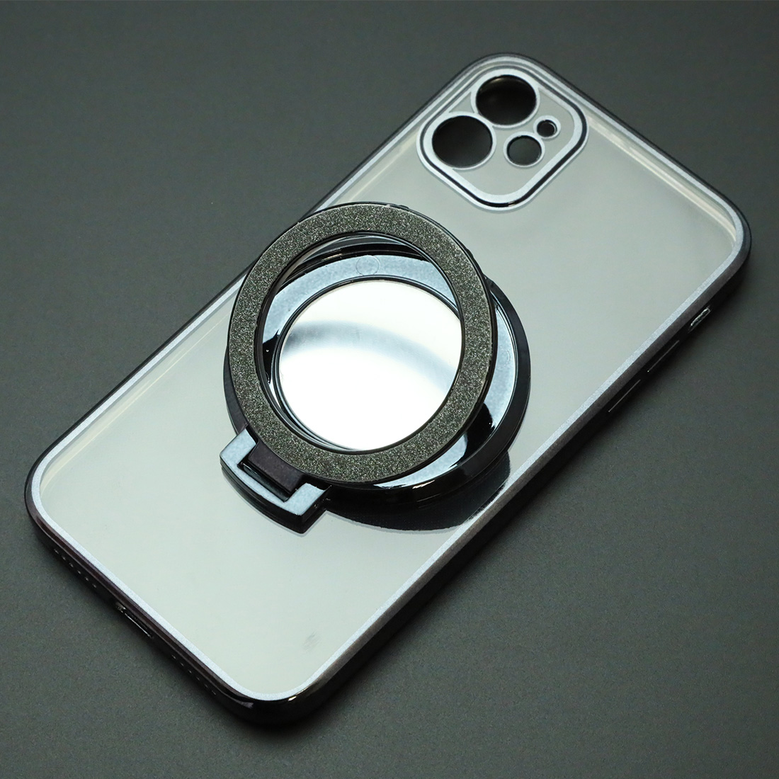 Чехол накладка для APPLE iPhone 11, силикон, защита камеры, кольцо держатель, прозрачный, цвет окантовки черный