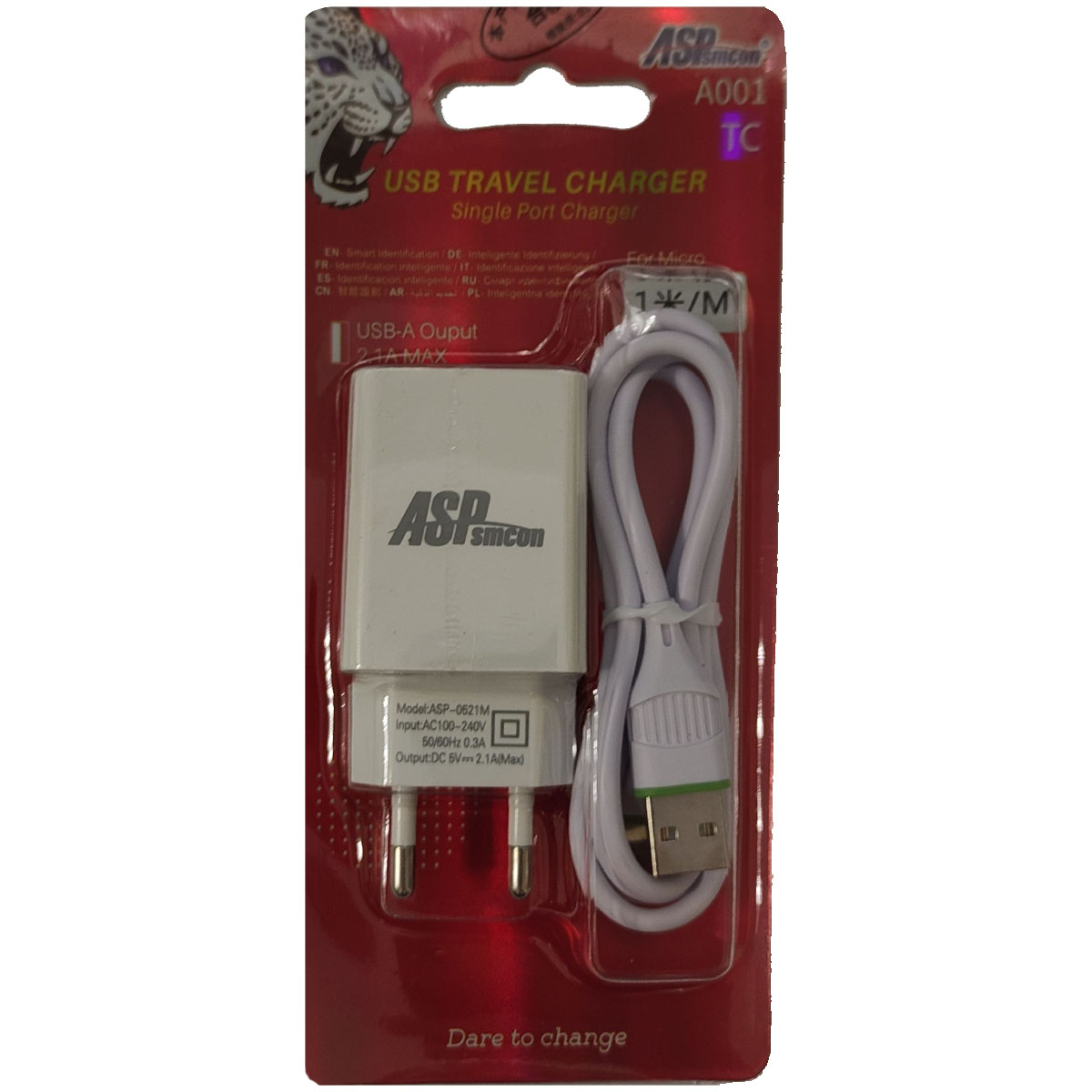 СЗУ (Сетевое зарядное устройство) ASPsmcon A001 с кабелем USB Type C, 2.1A, 1 USB, длина 1 метр, цвет белый