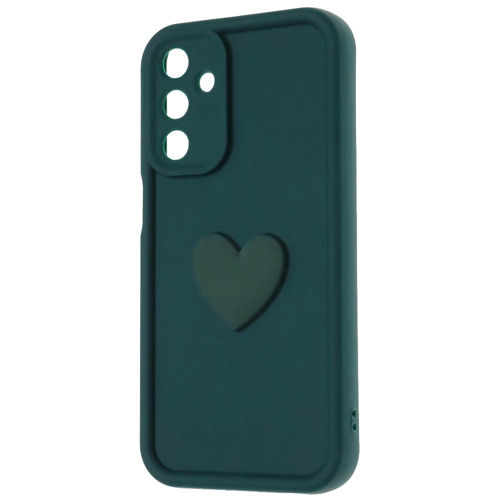 Чехол накладка для SAMSUNG GALAXY A15, силикон, 3D сердце, защита камеры, бортики, цвет темно зеленый