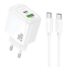 СЗУ (Сетевое зарядное устройство) HOCO CS54A Surplus с кабелем USB Type C на USB Type C, 20W, 1 USB, 1 USB Type C, PD20W, QC3.0, длина 1 метр, цвет белый