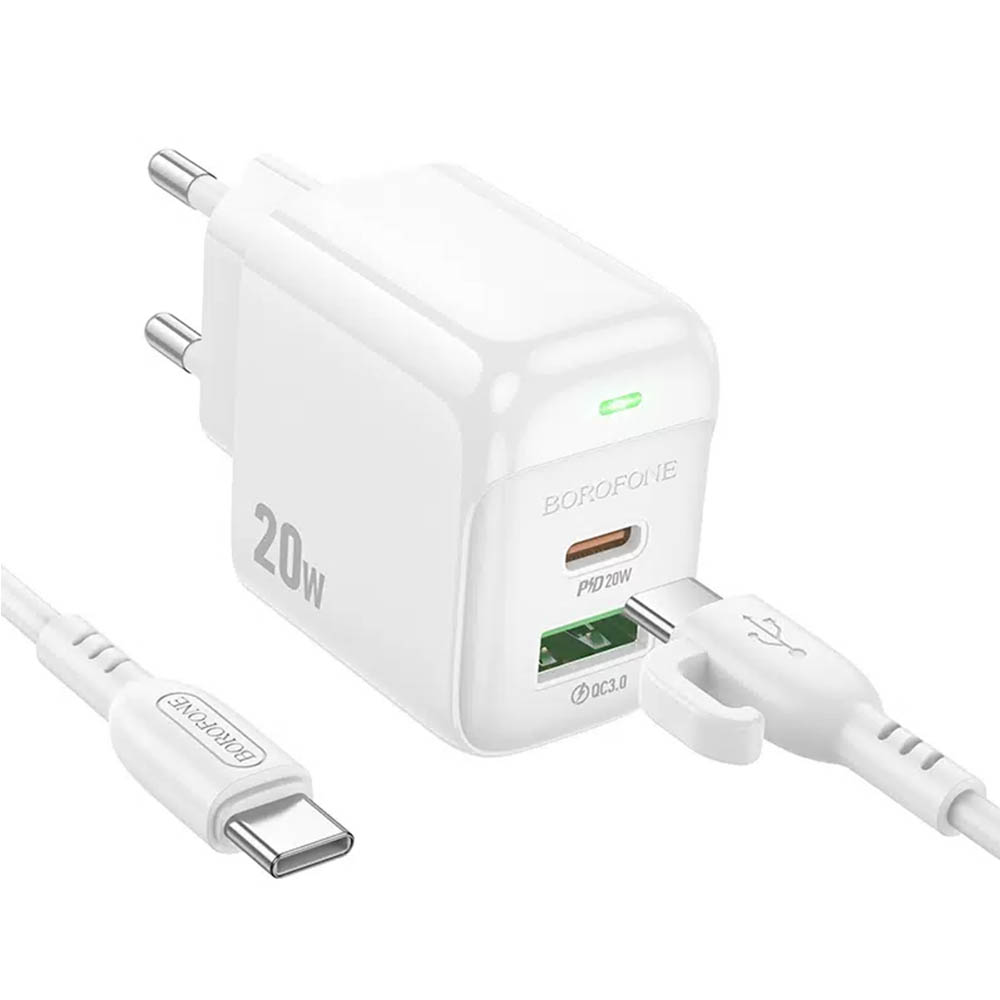 СЗУ (Сетевое зарядное устройство) с кабелем Type C на Type C BOROFONE BAS44A Potential, 20W, 1 Type C, 1 USB, PD20W, QC3.0, цвет белый