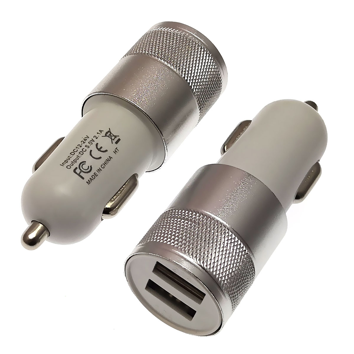 АЗУ (автомобильное зарядное устройство) 12/24V на 2 USB выхода 5V-1/2.1A, цвет серебристо-белый.
