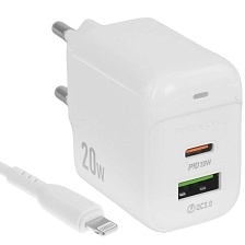 СЗУ (Сетевое зарядное устройство) с кабелем Type C на Lightning 8 pin BOROFONE BAS44A Potential, 20W, 1 Type C, 1 USB, PD20W, QC3.0, цвет белый