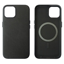Чехол накладка Leather Case с поддержкой MagSafe для APPLE iPhone 13, силикон, бархат, экокожа, цвет черный