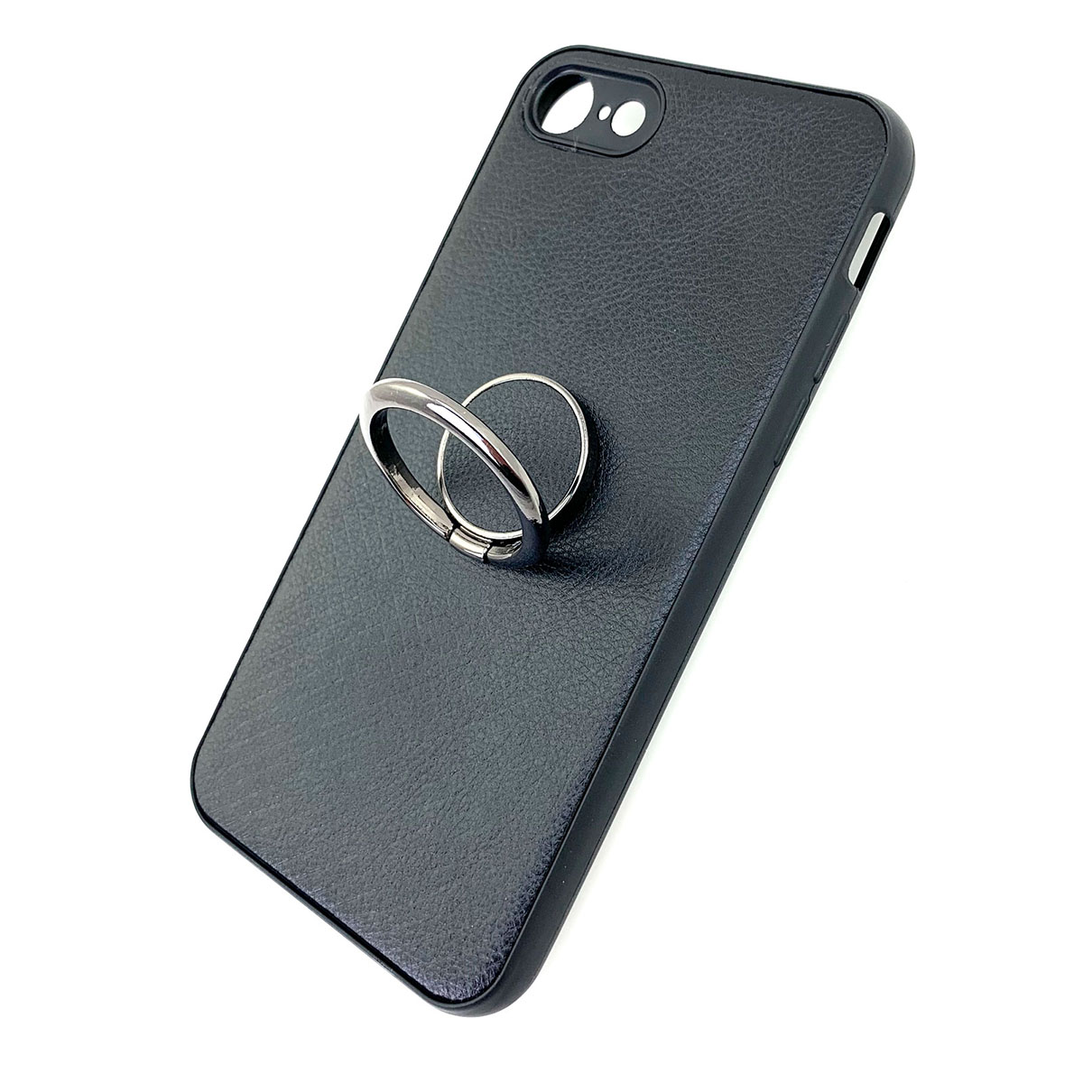 Чехол накладка для APPLE iPhone 7, 8, силикон, под кожу, кольцо держатель, цвет черный.