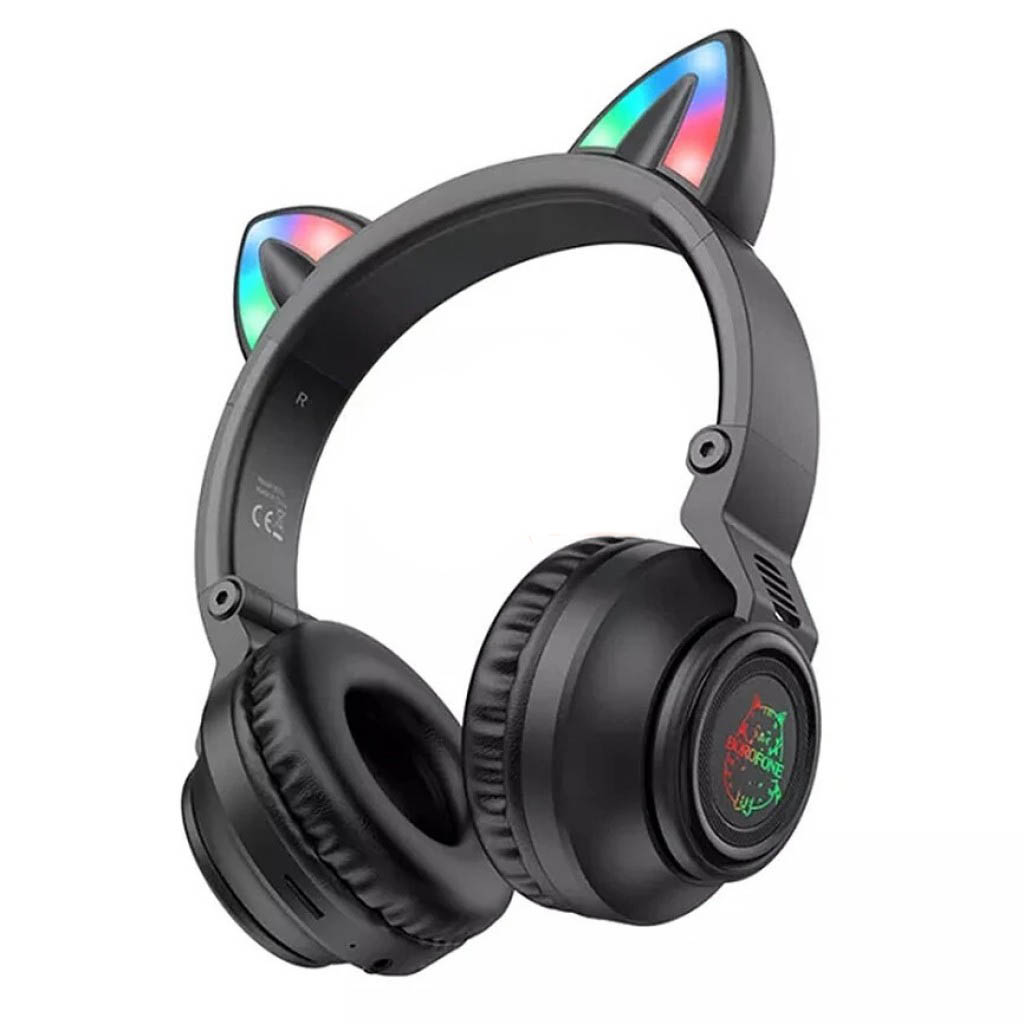 Гарнитура (наушники с микрофоном) беспроводная полноразмерная, BOROFONE BO18 CAT EAR, RGB подсветка, цвет черный