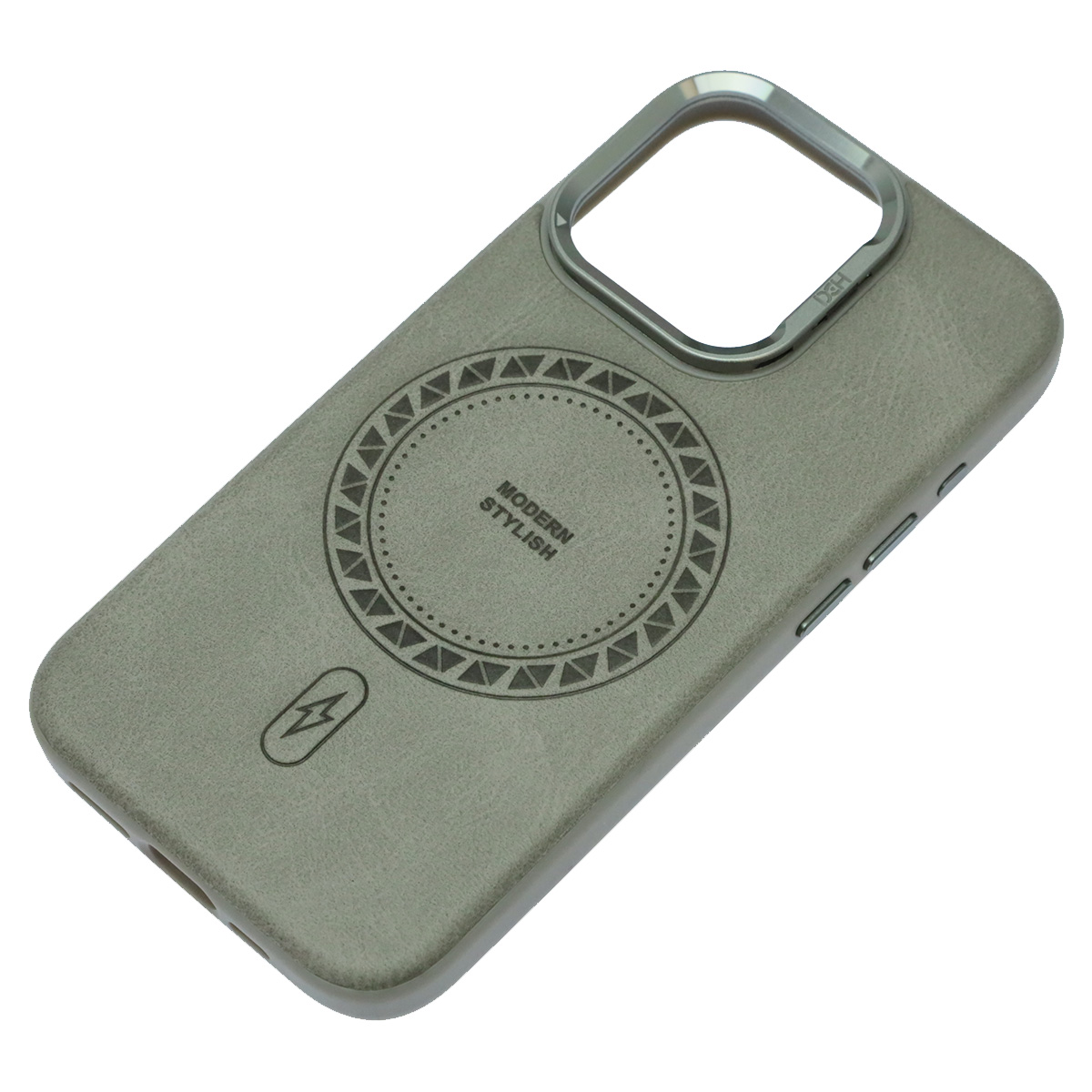 Чехол накладка Modern Stylish с поддержкой MagSafe для APPLE iPhone 15 Pro, защита камеры, подставка, экокожа, бархат, цвет серый