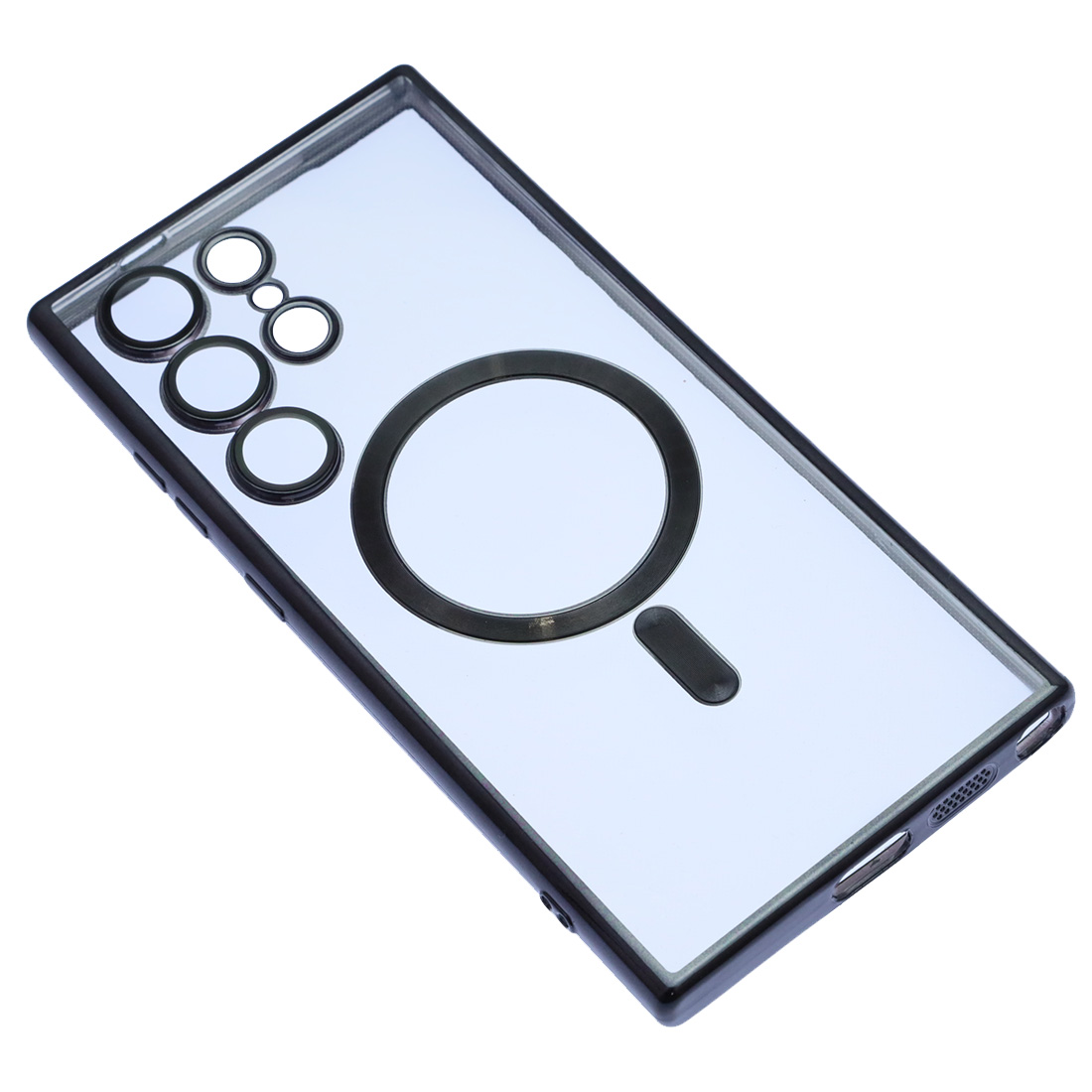 Чехол накладка FASHION CASE для SAMSUNG Galaxy S24 Ultra, с поддержкой MagSafe, силикон, защита камеры, прозрачный, цвет окантовки черный