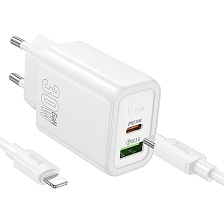СЗУ (Сетевое зарядное устройство) HOCO N63 Gentle с кабелем USB Type C на Lightning 8 pin, 30W, 1 USB A, 1 USB Type C, PD30W, QC3.0, длина 1 метр, цвет белый
