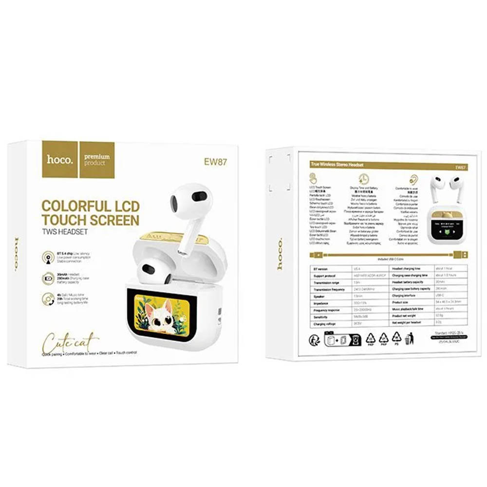 Гарнитура (наушники с микрофоном) беспроводная, HOCO EW87 Gata, сенсорный дисплей, цвет белый