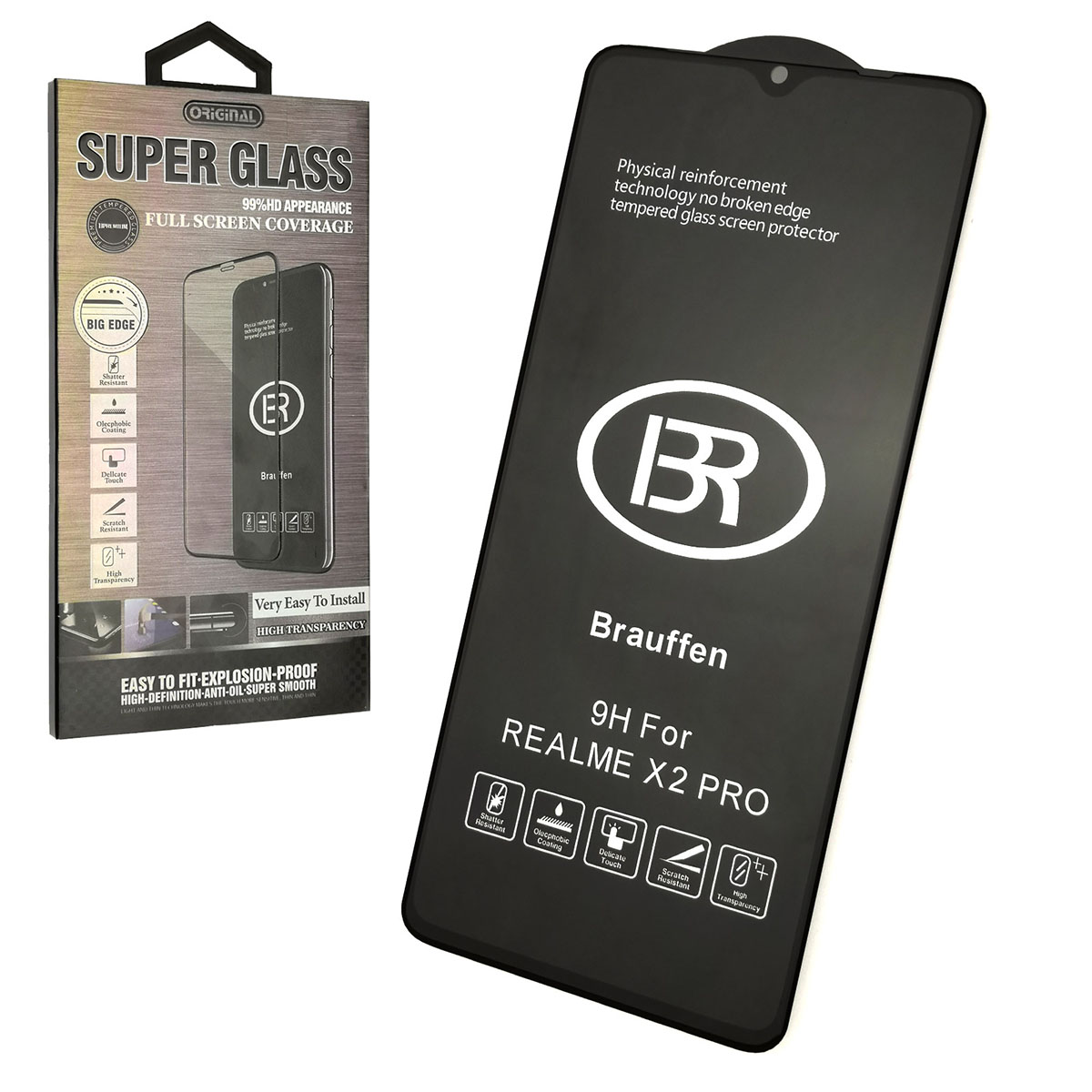 Защитное стекло 9H BR для Realme X2 Pro, цвет окантовки черный.