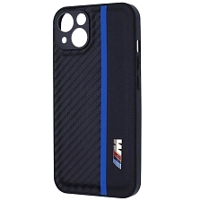 Чехол накладка для APPLE iPhone 13, силикон, карбон, экокожа, защита камеры, знак BMW M серии, цвет черный с синей полоской