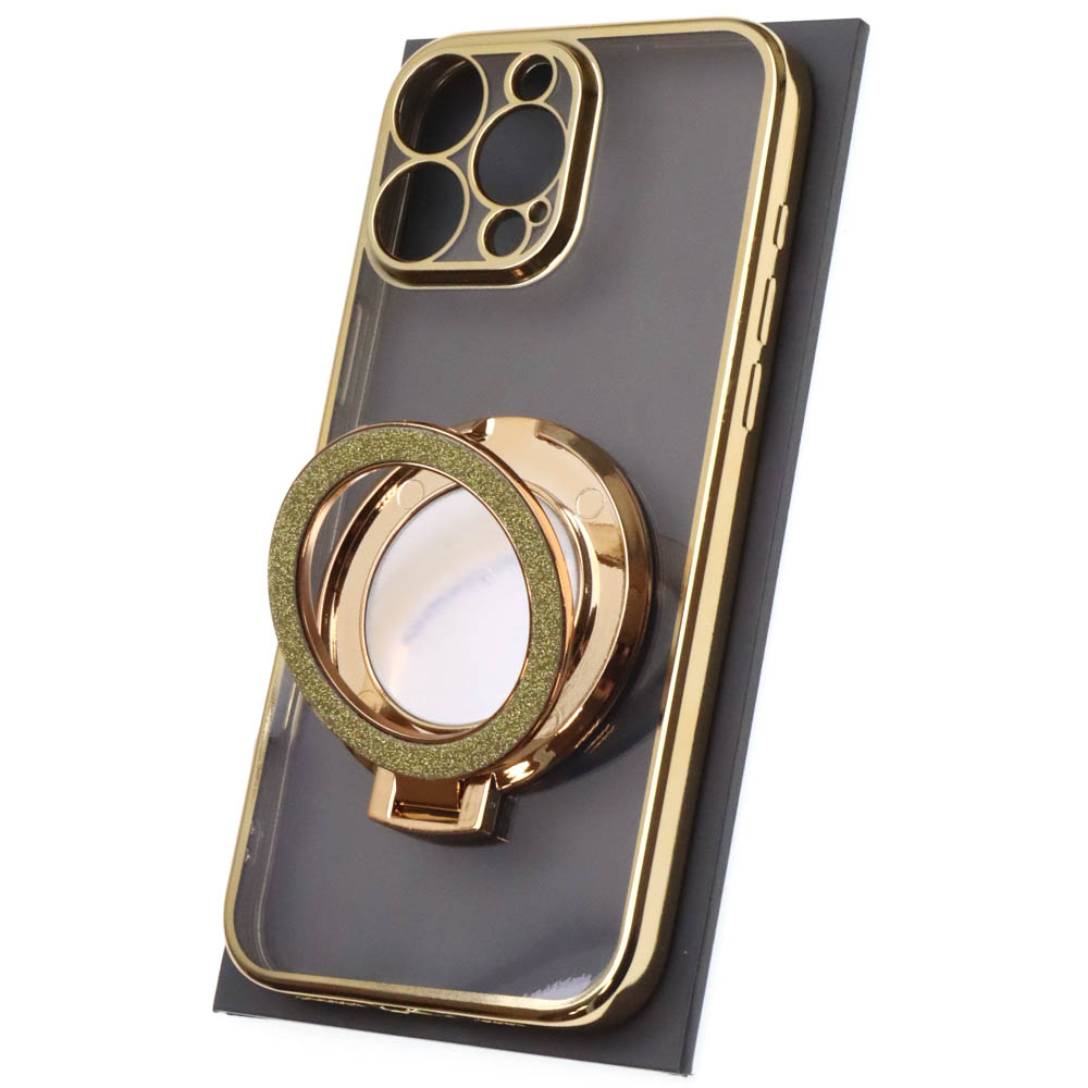 Чехол накладка для APPLE iPhone 16 Pro Max, силикон, защита камеры, кольцо держатель, прозрачный, цвет окантовки золотистый