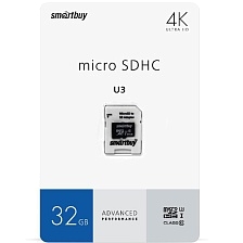 Карта памяти 32Gb MicroSD SMARTBUY Advanced SB32GBSDU1A-AD, 4K, U3 V30 A1 (55/90 Mb/s), Class 10, SD адаптер, цвет черный