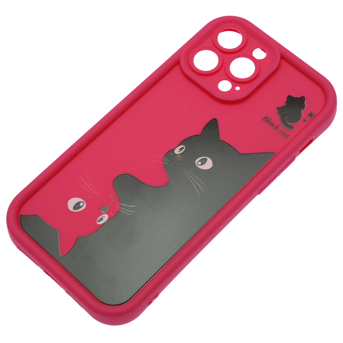 Чехол накладка для APPLE iPhone 14 Pro Max, силикон, защита камеры, бортики, рисунок черный и розовый кот