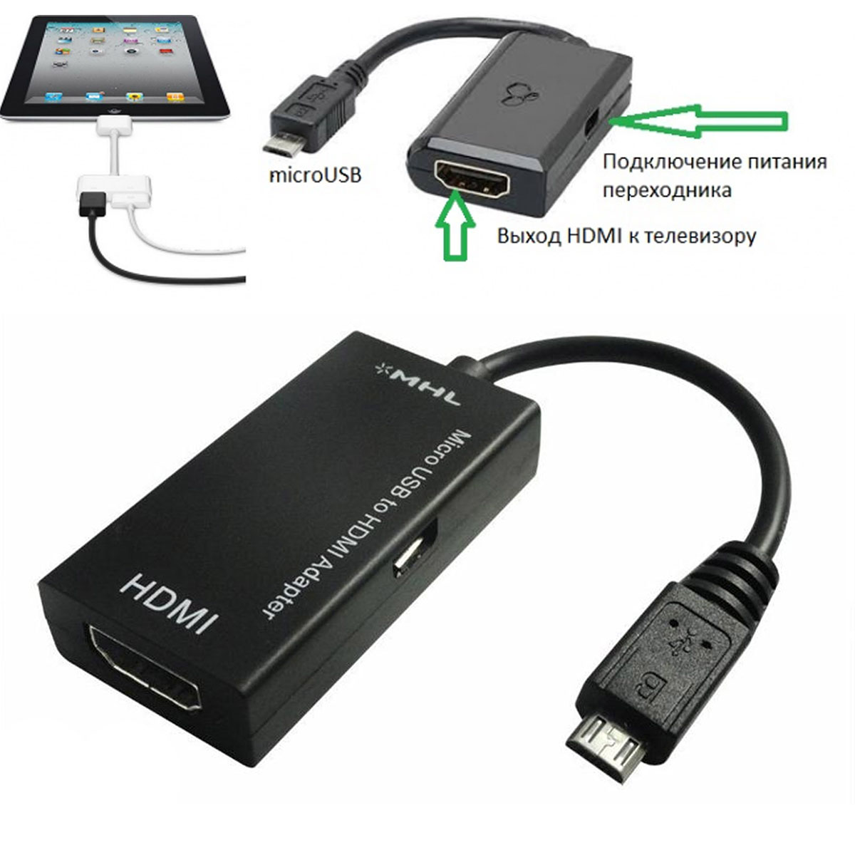 Адаптер / конвертер / переходник MHL для смартфонов, планшетных ПК с Micro USB на HDMI, цвет черный.