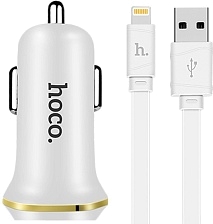 АЗУ (Автомобильное зарядное устройство) HOCO Z12 Elite, 2*USB порта, 2.4A, кабель APPLE Lightning 8-pin, цвет белый