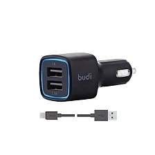 АЗУ "budi" 2.4A с 2 USB выходами (M8J065BLK Rev A00)+ кабель Apple 8 pin цвет чёрный.