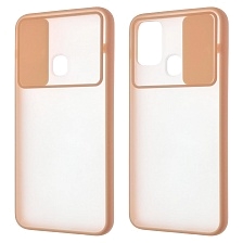 Чехол накладка для SAMSUNG Galaxy M30s (SM-M307F), M21 (SM-M215), силикон, пластик, матовый, со шторкой для защиты задней камеры, цвет окантовки персиковый