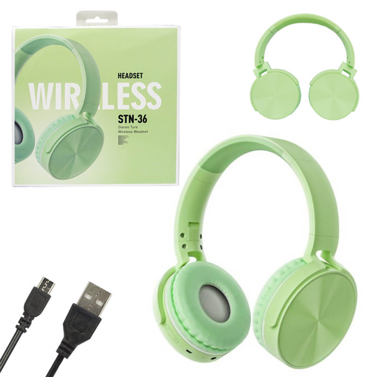 Гарнитура (наушники с микрофоном) беспроводная STN-36, Bluetooth 5.0, цвет зеленый
