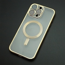 Чехол накладка FASHION CASE для APPLE iPhone 16 Pro Max, с поддержкой MagSafe, силикон, защита камеры, прозрачный, цвет окантовки золотистый