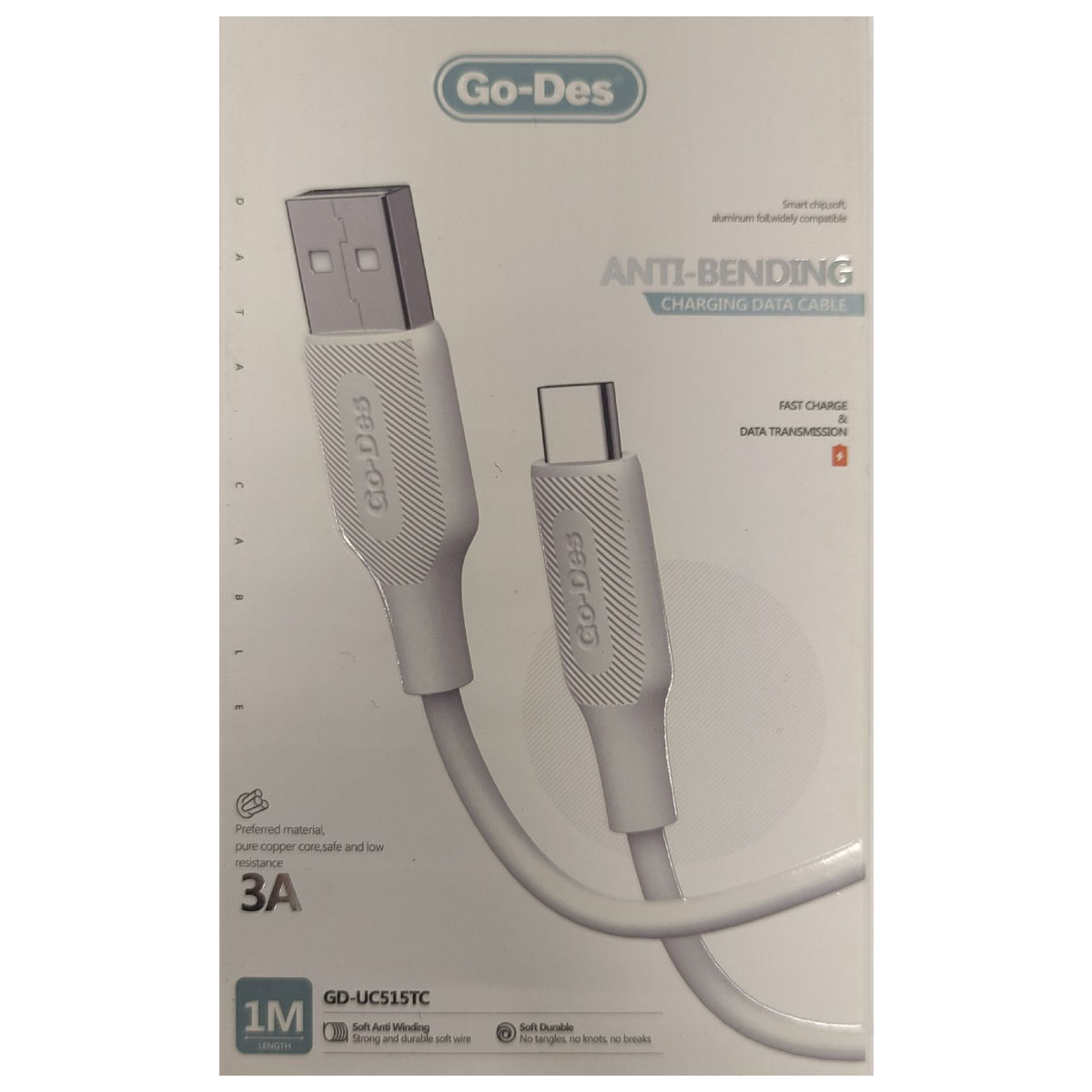 Кабель GO-DES GD-UC515TC USB Type C, 3A, длина 1 метр, цвет белый