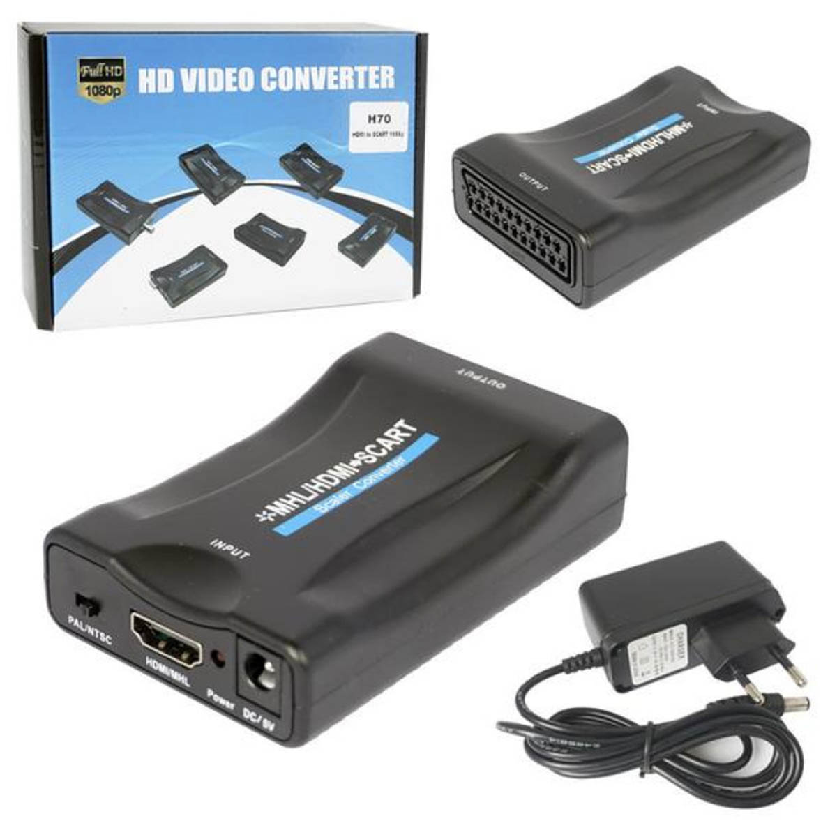 Переходник, адаптер, конвертер H70 HDMI на SCART, дополнительное питание 5V, цвет черный