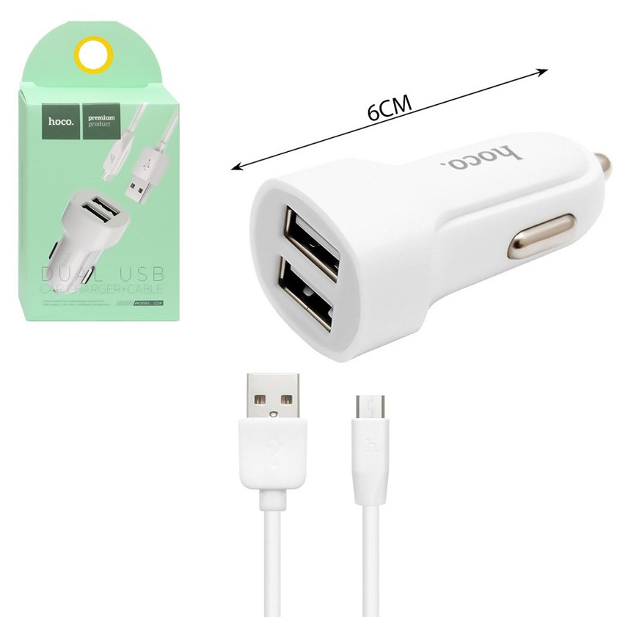 АЗУ (Автомобильное зарядное устройство) + кабель Micro USB HOCO X1, длина 1 метр, HOCO Z2A, цвет белый.